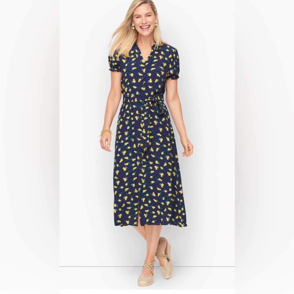 🍋 Talbots summer Fun Lemon Print Button-Front Summer Midi Dress | Size 14